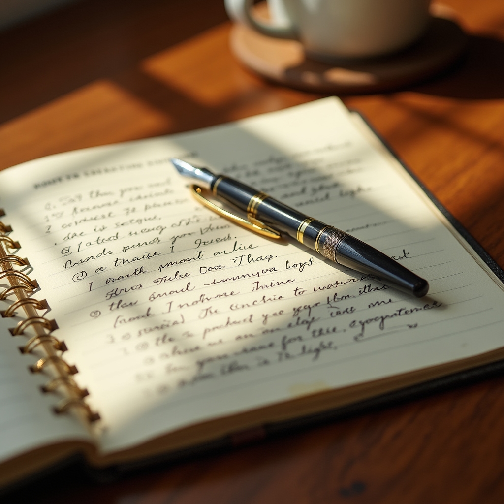 Close-up of an open notebook on a wooden desk with handwritten notes and a pen, warm morning light casting soft shadows