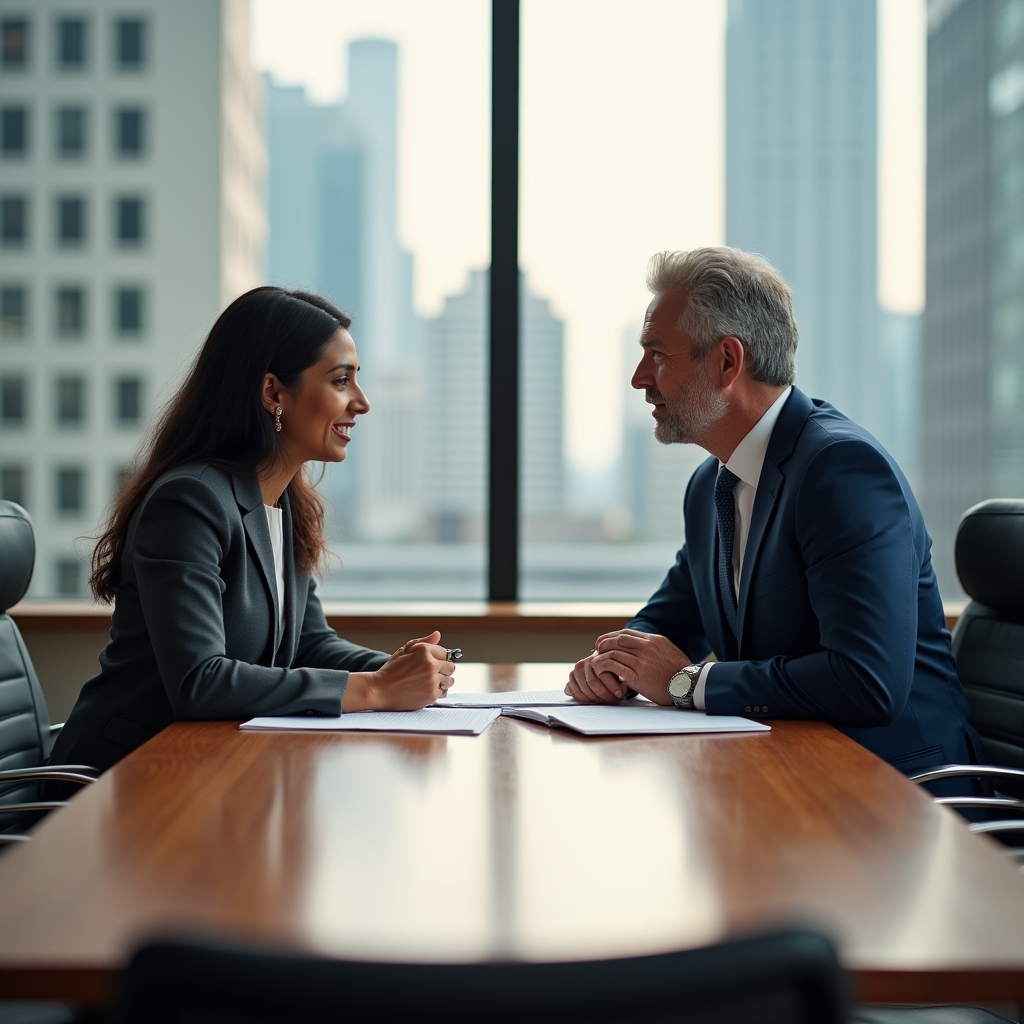 Two professionals in a sunlit conference room having a focused, relaxed conversation