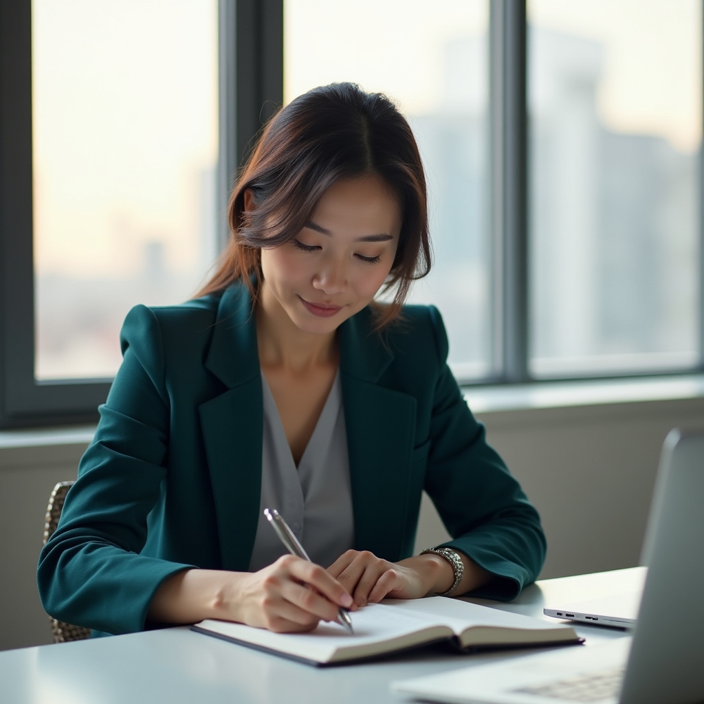 A mid-career professional woman sitting thoughtfully at a desk near a large window, reviewing notes with a focused, calm expression
